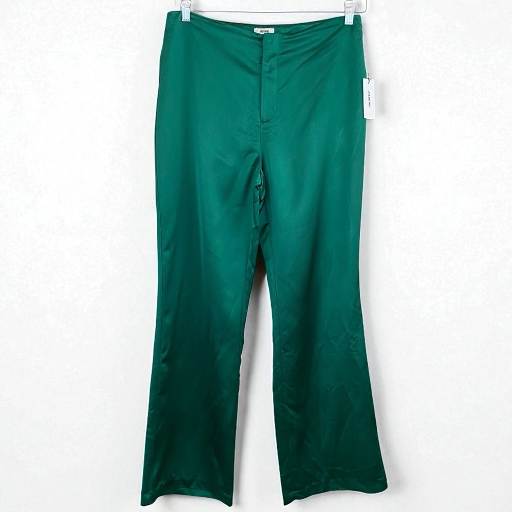 Jason Wu NWT Emerald Green Satin High Rise Wide Leg Flare Pant Size 8